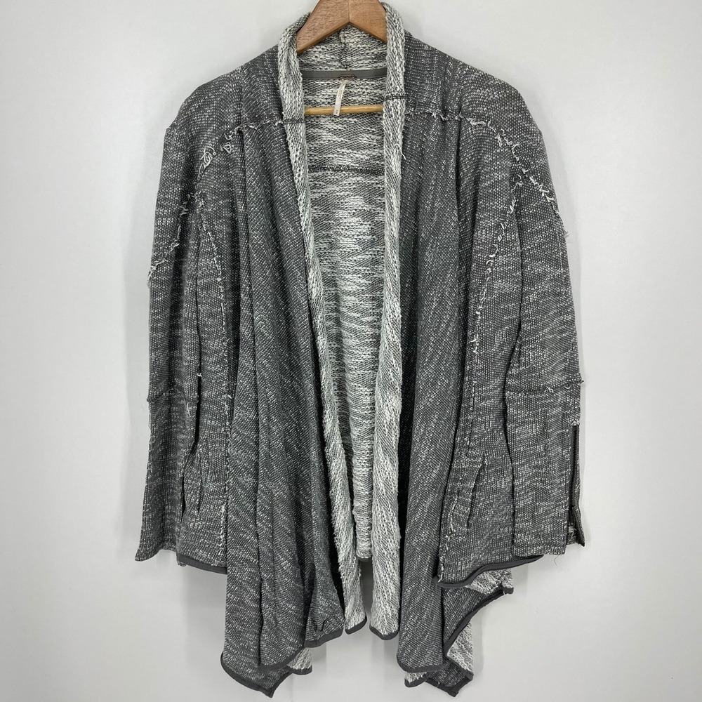 Free People Marled Knit Draped Open Front Cardigan Gray White Zipper Detail M